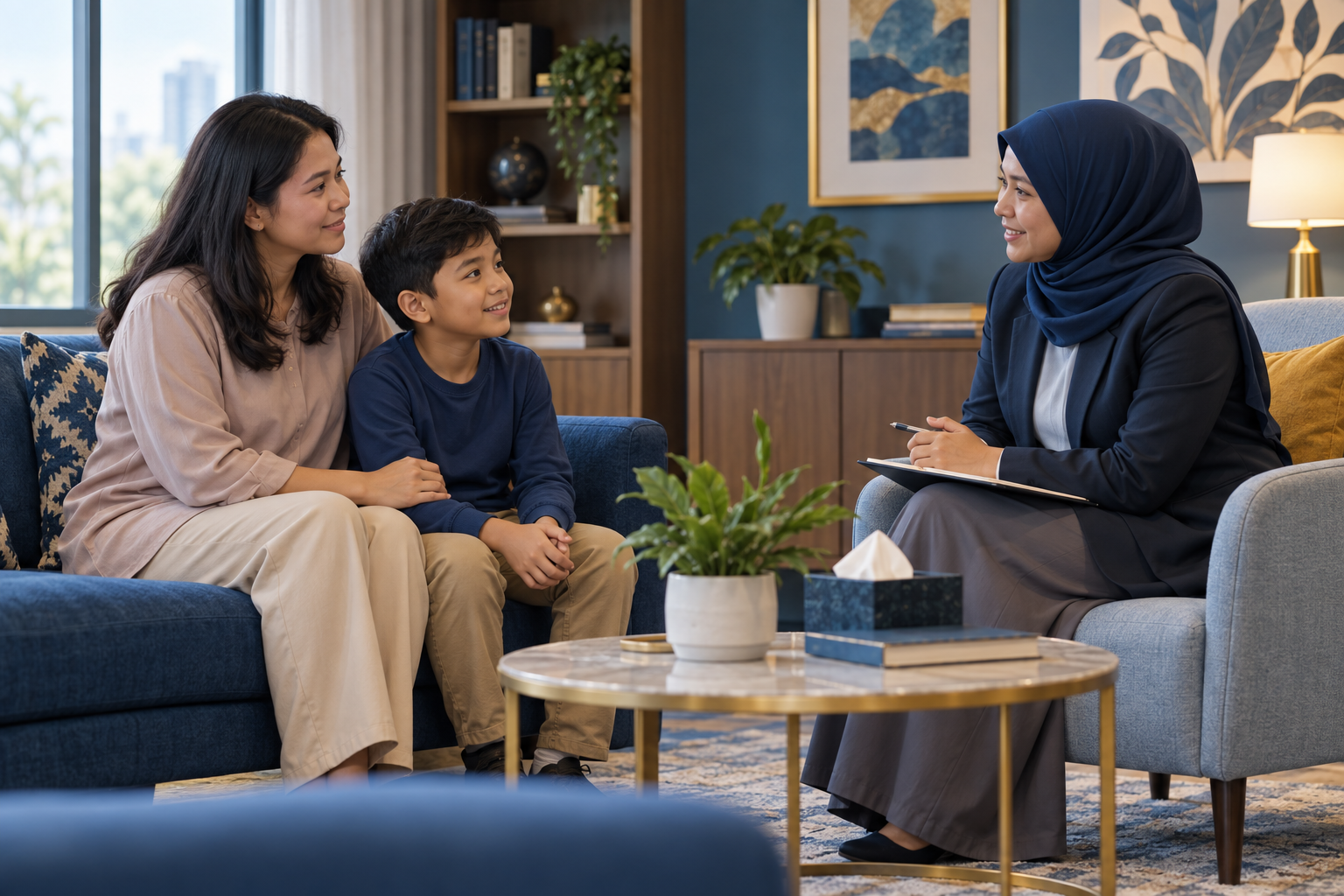 Ilustrasi editorial seorang ibu dan anak berbincang dengan tenaga layanan perempuan dalam suasana konsultasi yang tenang dan ramah anak.