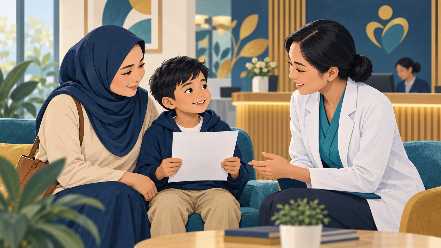 Ilustrasi editorial orang tua dan anak berdiskusi dengan tenaga kesehatan di ruang penerimaan layanan, tentang peran orang tua saat sunat anak.