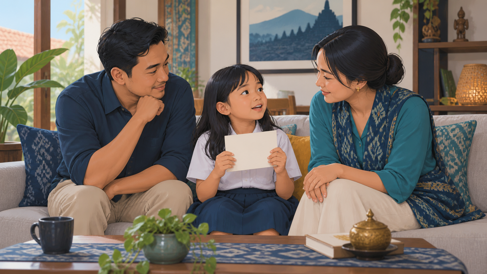 Ilustrasi editorial ayah, ibu, dan anak berbicara setara di rumah sambil anak memegang kartu pertanyaan, untuk edukasi kesehatan keluarga.