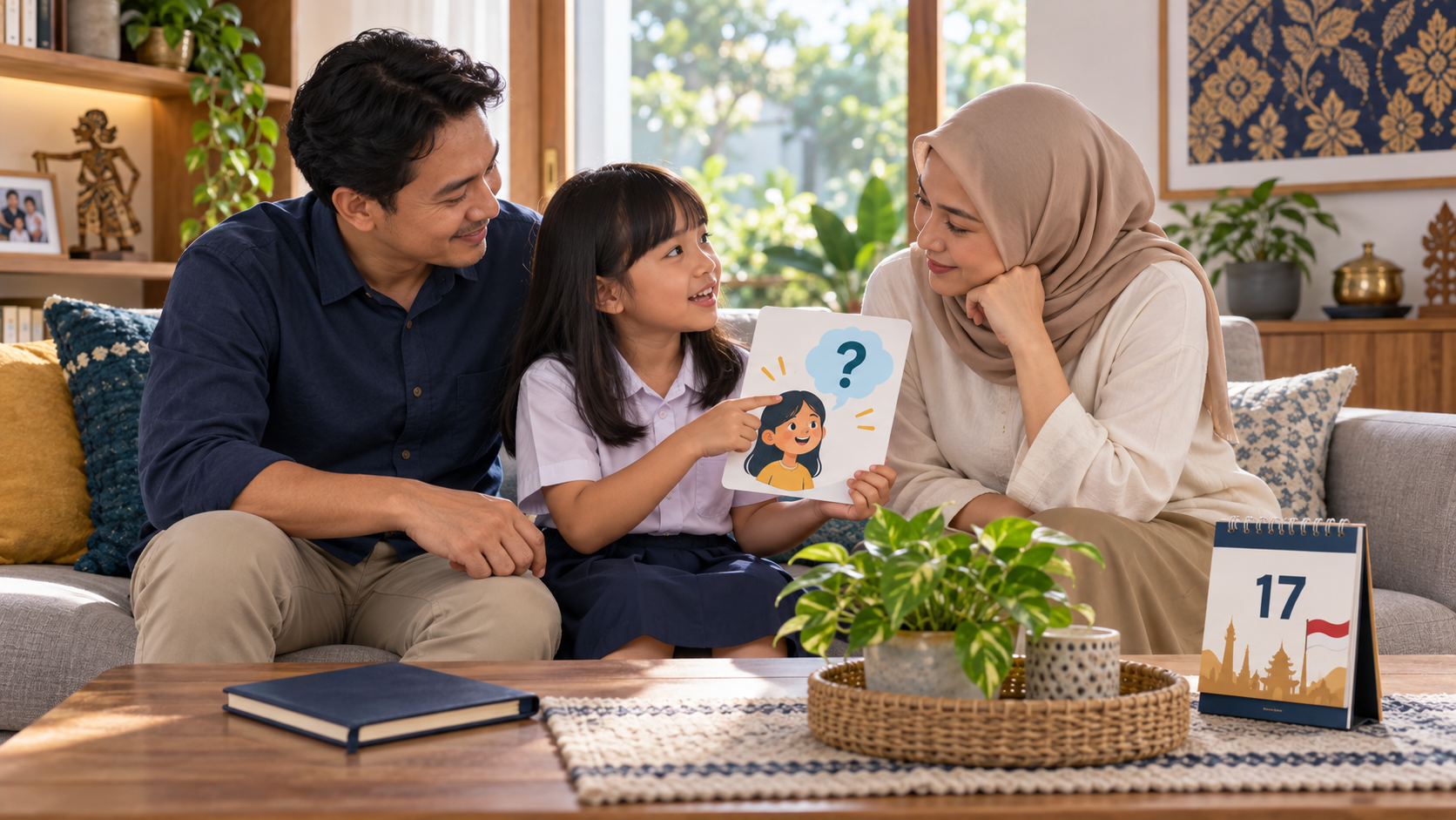 Ilustrasi editorial keluarga Indonesia mendengarkan anak yang menunjukkan kartu pertanyaan di rumah, tentang parenting sunat anak dan komunikasi keluarga.