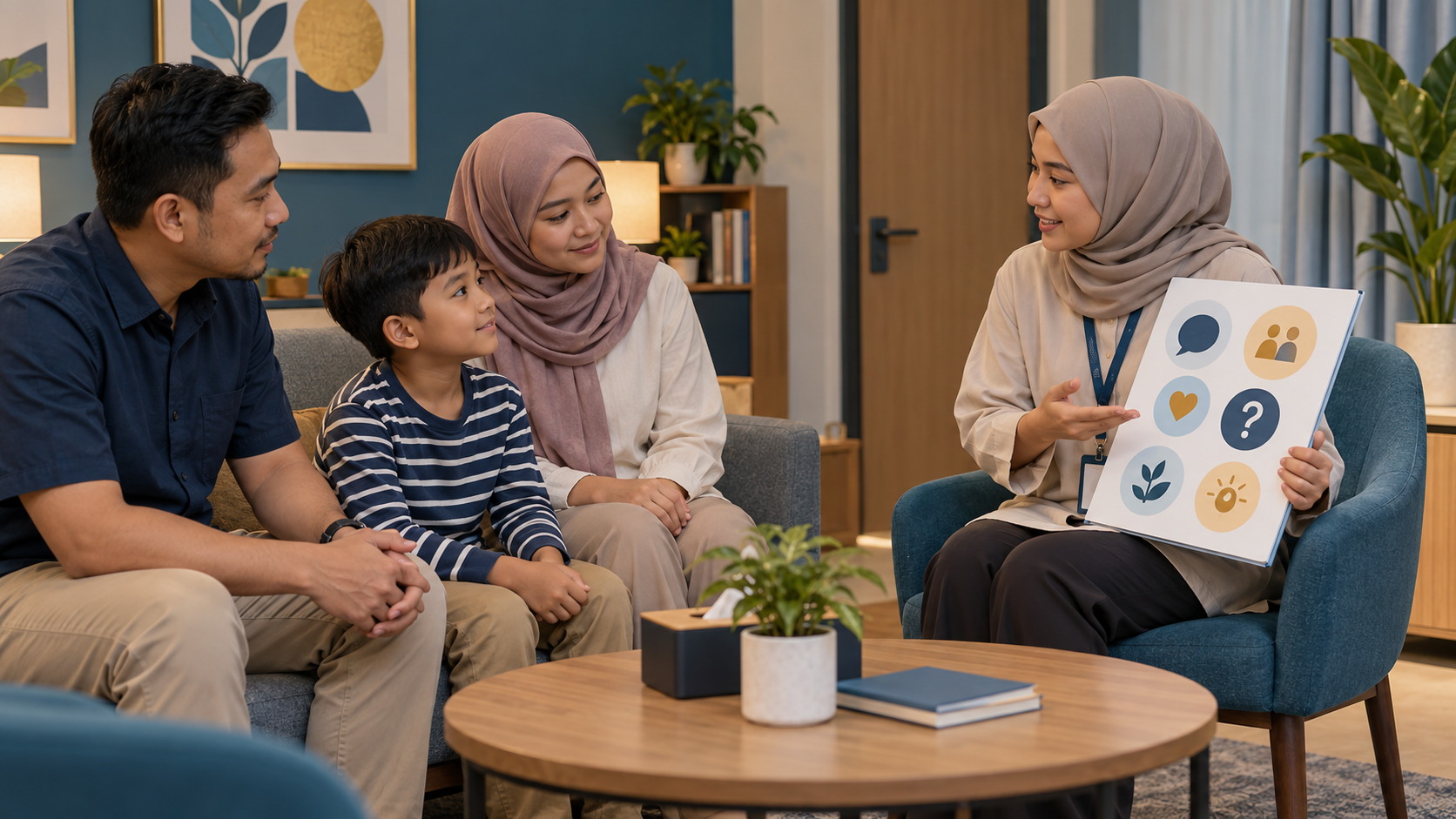 Ilustrasi editorial praktisi duduk sejajar dengan anak dan orang tua di ruang privat sambil menggunakan papan gambar, tentang komunikasi ramah anak dan informasi sunat anak.