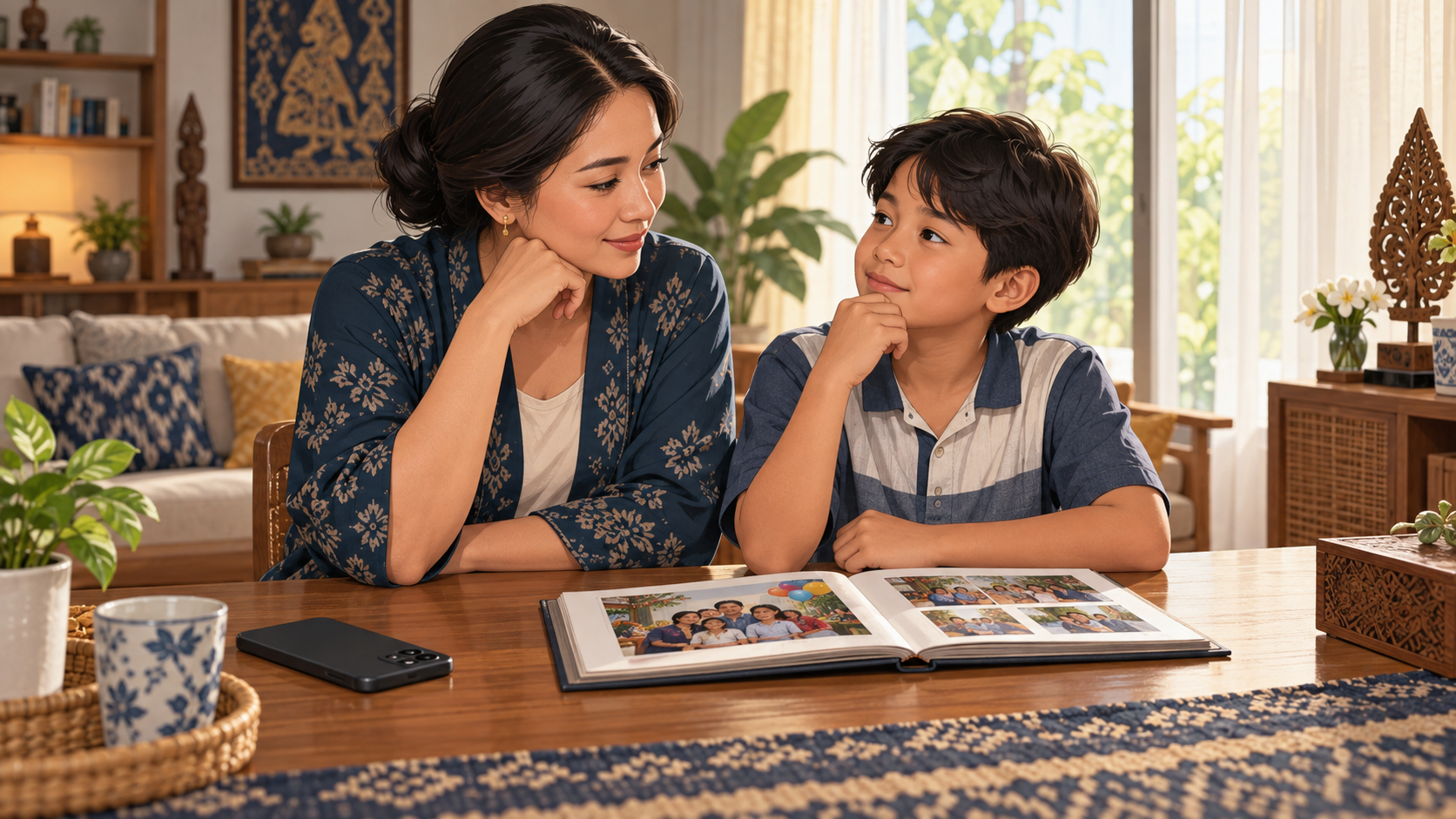 Ilustrasi editorial ibu dan anak laki-laki berbincang di meja dengan album foto dan telepon tertelungkup, tentang privasi anak dalam persiapan sunat anak.