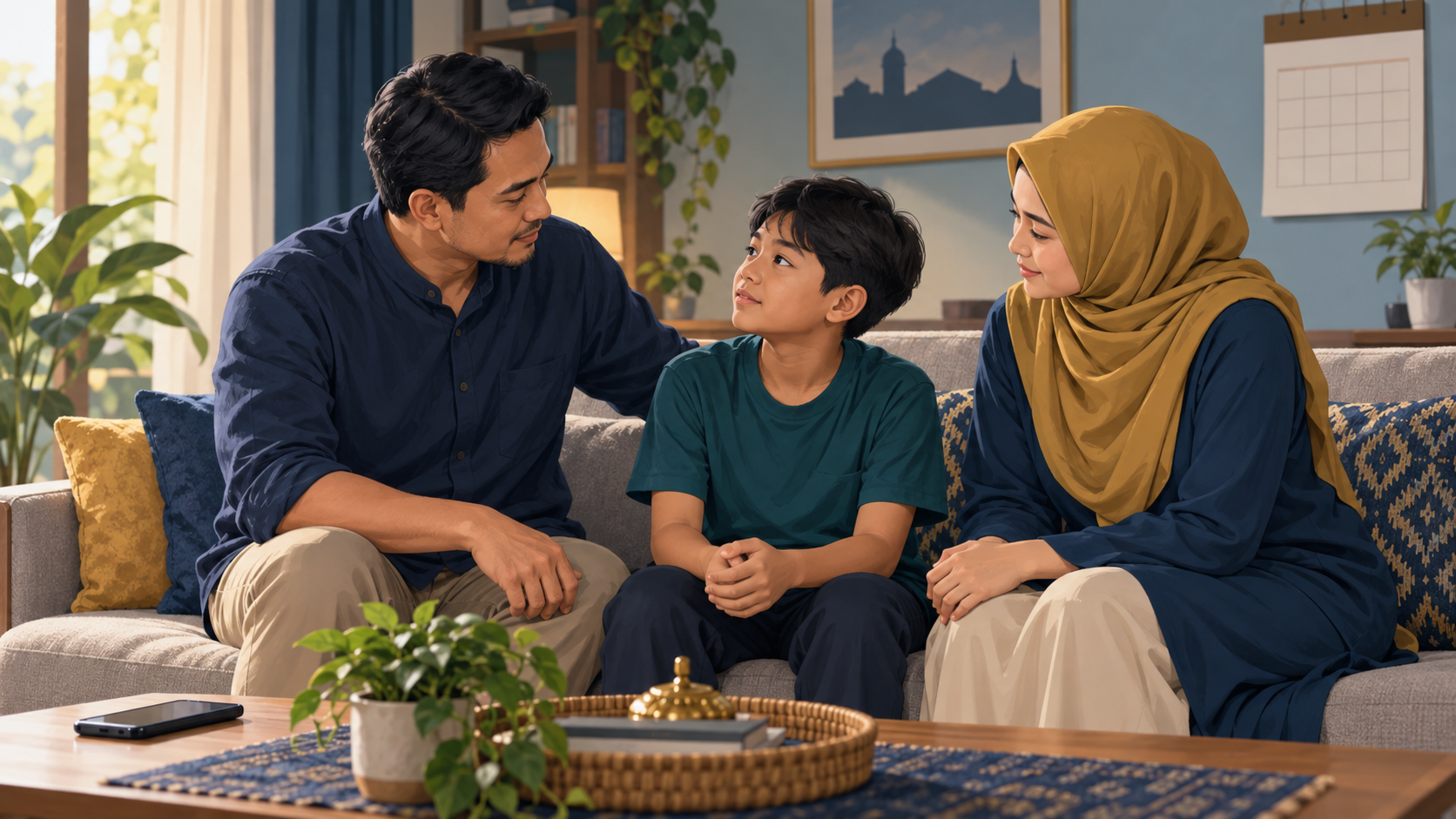 Ilustrasi editorial ayah, ibu berhijab, dan anak laki-laki berbincang privat di rumah dengan telepon diletakkan tertutup, tentang komunikasi keluarga sebelum sunat anak.