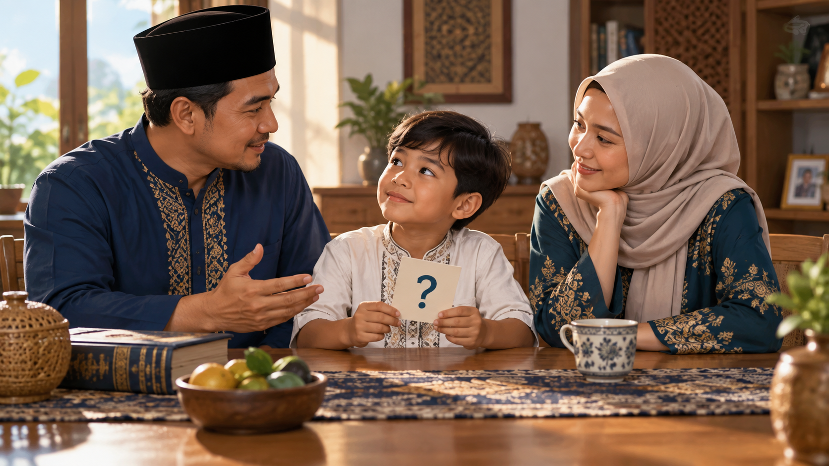 Ilustrasi editorial keluarga Indonesia berbincang dengan anak yang memegang kartu pertanyaan tentang sunat dalam budaya Indonesia dan komunikasi keluarga.