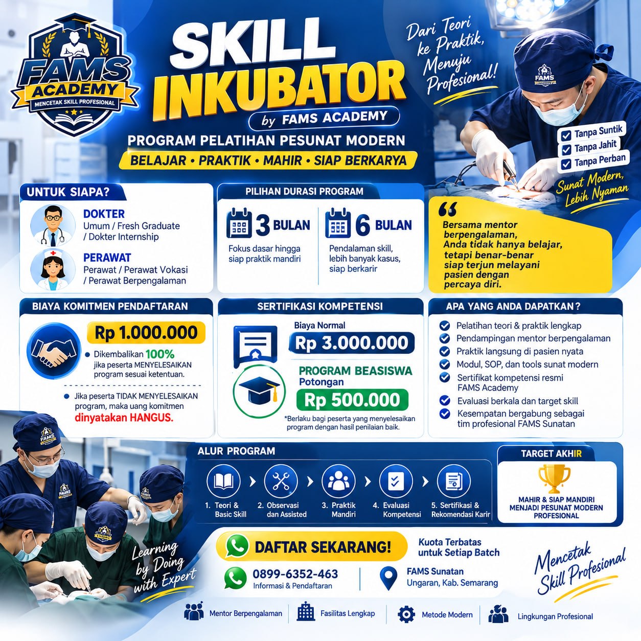 Flyer FAMS Skill Inkubator Program Pelatihan Pesunat Modern dengan pilihan program, biaya, materi, dan informasi pendaftaran