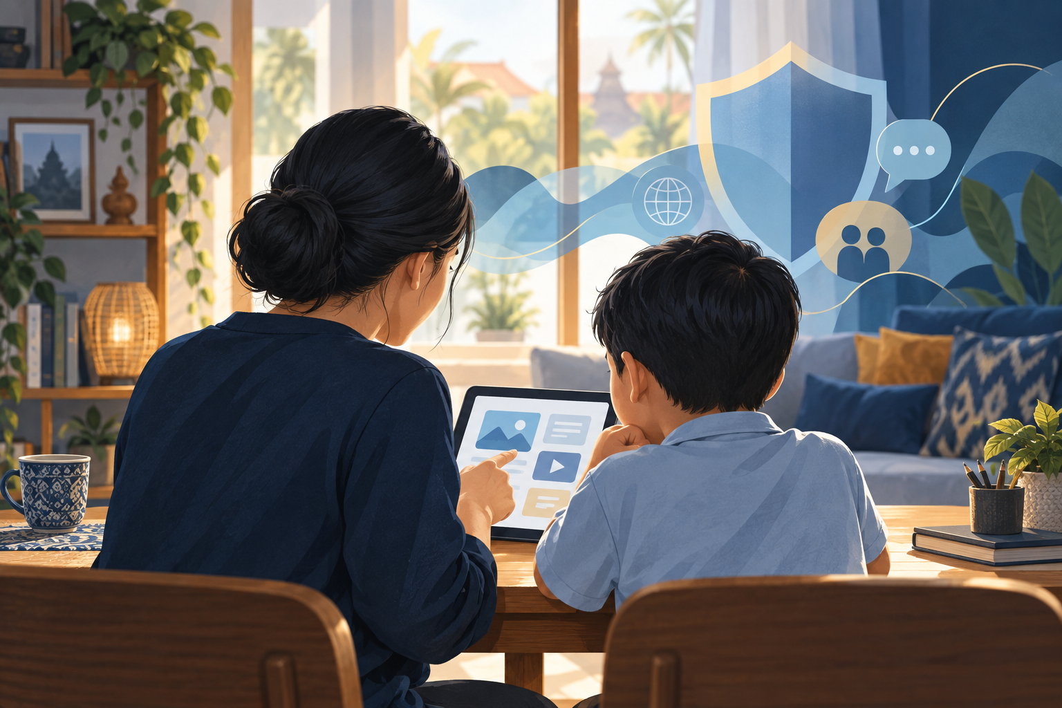 Ilustrasi orang tua dan anak berdiskusi bersama di depan tablet dalam ruang keluarga